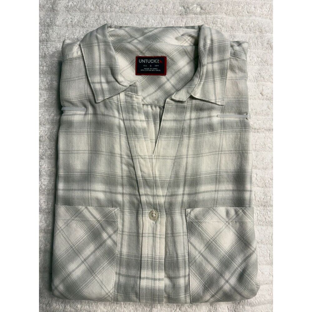 UNTUCKit Villefranchie Plaid Button Front Top Size 0 White Gray Cotton TENCEL - Picture 7 of 8